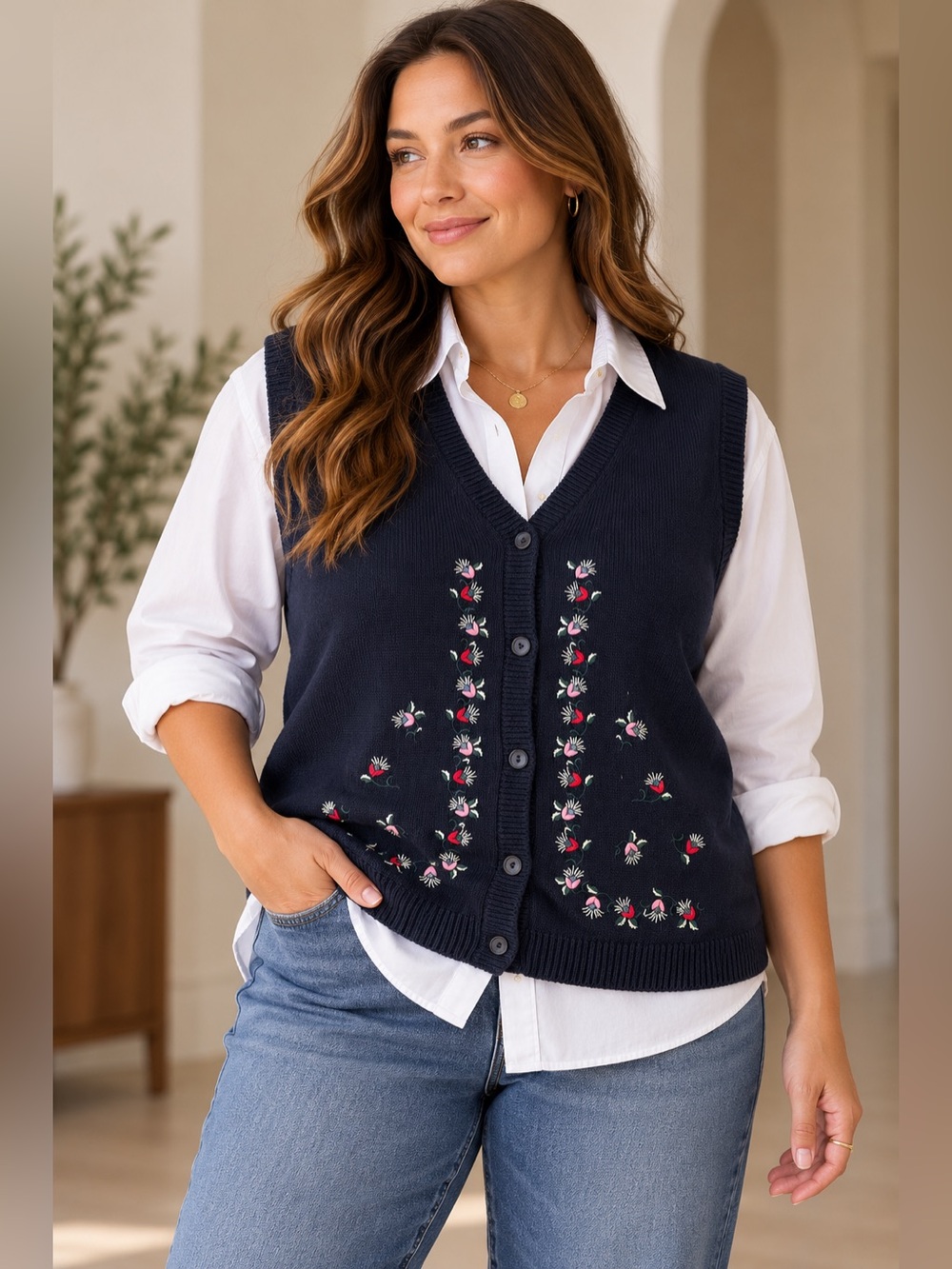 Vintage Tabi International Navy Floral Embroidered Cotton Sweater Vest XL